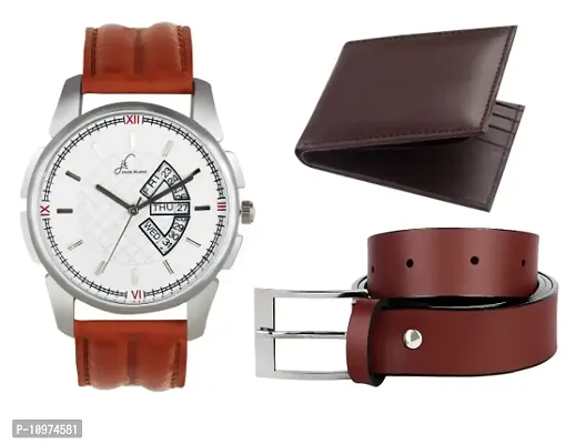 Combo Of Classical Brown Day And Date Working Watch Get Free Belt With Wallet