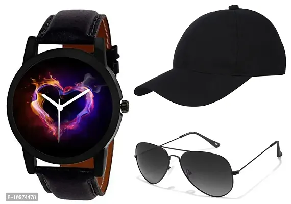 Black Dial Strap Boys Analog Watch With Black Cap And Aviator Sunglass