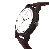 Round White Dial Brown PU Strap Quartz Analog Wrist Watch-thumb1