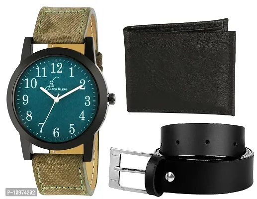 Green Denim Finish Green Casual Wrist Watch With Black Wallet And Belt