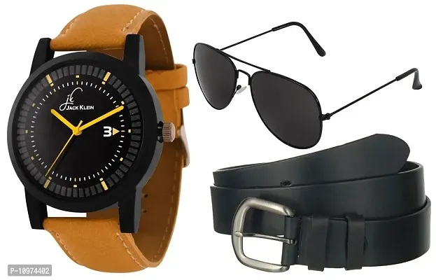 Stylish Round Dial Graphic Watch With Belt And Aviator Glasses-thumb0