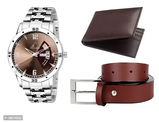 Combo Of Metal Brown Day And Date Working Watch Get Free Belt With Wallet-thumb0