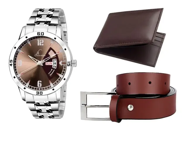 Combo Of Metal Day And Date Working Watch Get Free Belt With Wallet