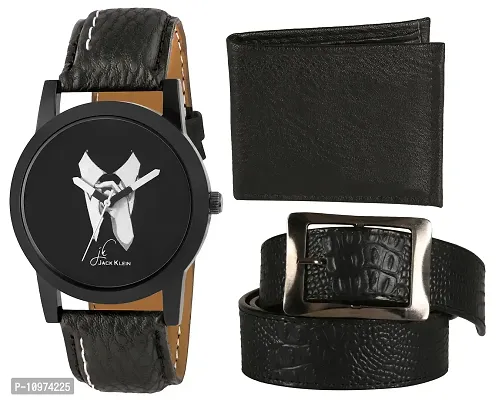 Black Strap Black Dial Wrist Watch With Black Wallet And Belt