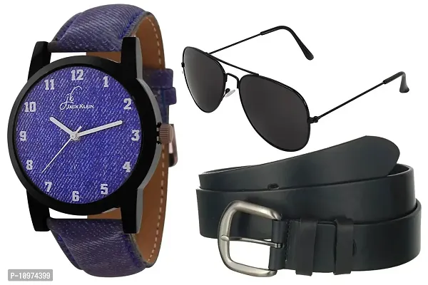 Fully Denim Finish Analog Wrist Watch With Belt And Aviator Glasses