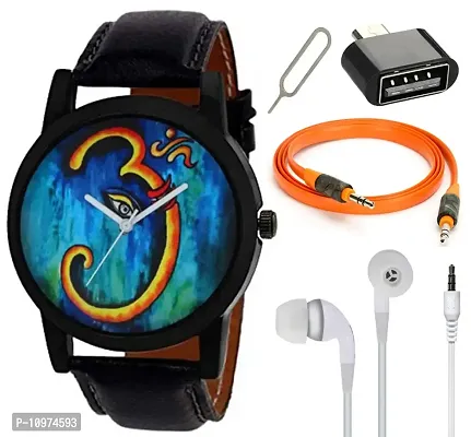 Combo Of Stylish Ganpati Edition Analog Watch With Aux Cable , Otg Adapter And Earphone Without Mic