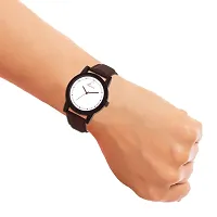 Round White Dial Brown PU Strap Quartz Analog Wrist Watch-thumb3