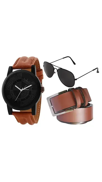 Wrist Watch With Belt & Aviator Glasses For Men