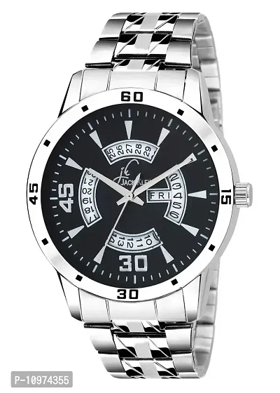 Trendy Black Dial Silver Chain Day And Date Working Analog Watch-thumb0