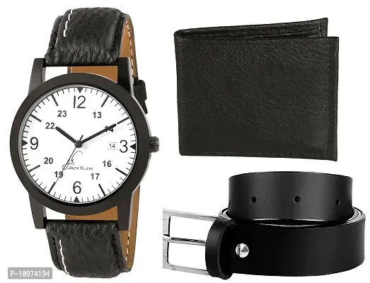 Black Strap White Dial Formal Wrist Watch With Black Wallet And Belt-thumb0