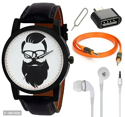 Combo Of Beard-Man Edition Analog Watch With Aux Cable , Otg Adapter And Earphone Without Mic