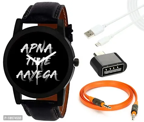 Combo Of Apna Time Aayega Edition Analog Watch With Aux Cable , Otg Adapter And Data Cable-thumb0