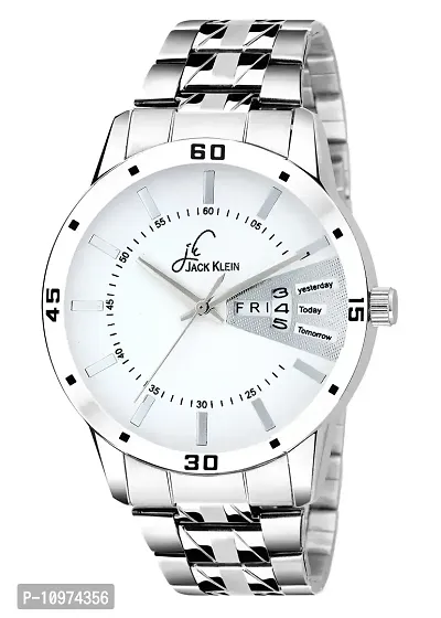 Elegant White Dial Silver Chain Day And Date Working Analog Wrist Watch