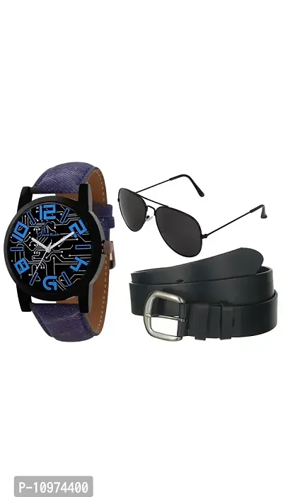 Stylish Denim Finish Strap Premium Quality Watch With Belt And Aviator Glasses-thumb0