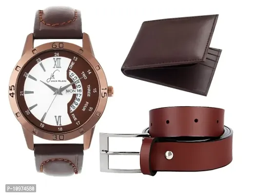 Combo Of Brown Sporty Day And Date Working Watch Get Free Belt With Wallet