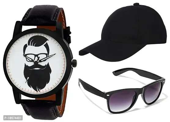 Black Dial Strap Boys Analog Watch With Black Cap And Foldable Sunglass