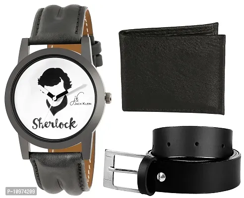 Black Sherlock Stylish And Elegant Analog Wrist Watch With Black Wallet And Belt