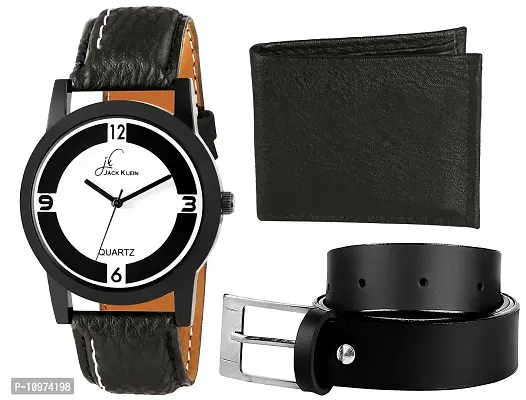 Black Premium Quality Black And White Wrist Watch With Black Wallet And Belt-thumb0