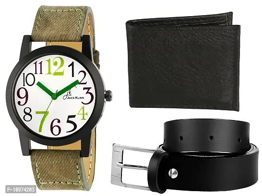 Green Denim Finish Colorful Watch With Black Wallet And Belt