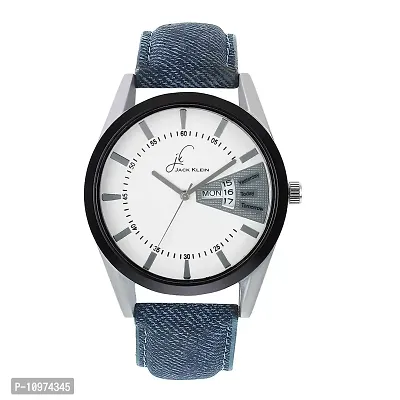 Formal White Dial Denim Finish Day And Date Working Wrist Watch-thumb0