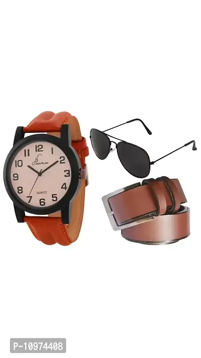 Beige Dial Strap Sober Analogue Wrist Watch With Belt And Aviator Glasses