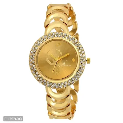 Stylish Golden Metal With Shiny Stone Wrist Watch For Women-thumb0