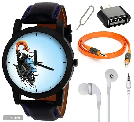 Combo Of Jata-Mahadev Edition Analog Wrist Watch With Aux Cable , Otg Adapter And Earphone Without Mic