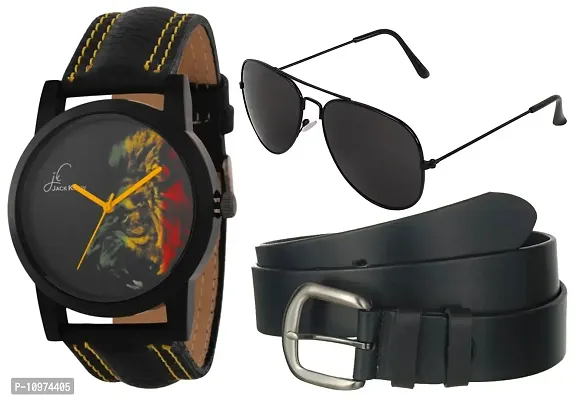 Stylish Graphic Analog Wrist Watch With Belt And Aviator Glasses