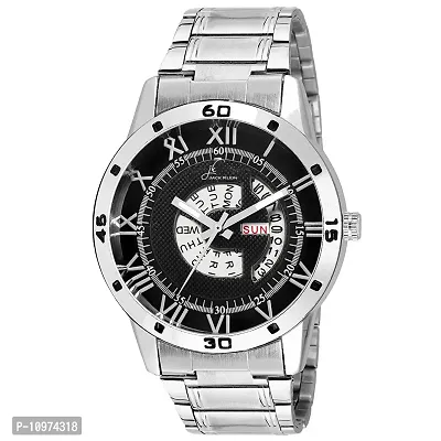 Black Dial Silver Steel Chain Day And Date Multifunction Chronograph Wrist Watch For Men-thumb0