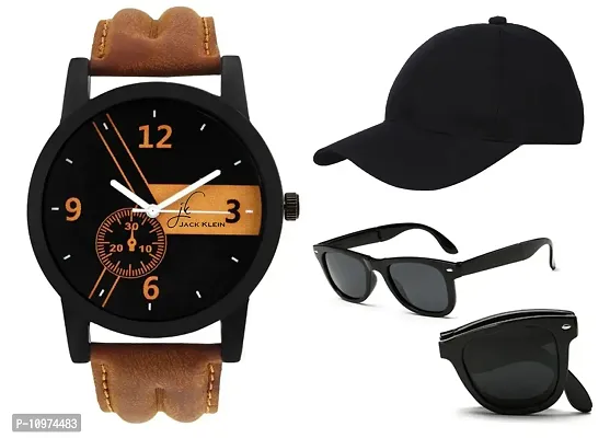 Black Dial Brown Strap Boys Analog Watch With Black Cap And Foldable Sunglass
