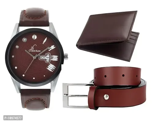 Combo Of Stylish Brown Collection Day And Date Working Watch Get Free Belt With Wallet