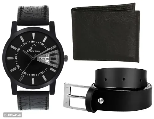 Combo Of Black Collection Day And Date Working Watch Get Free Black Belt With Wallet