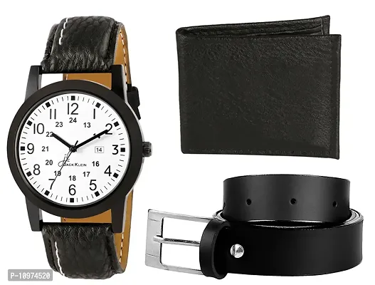 Combo Of Wallet And Belt With Free White Black Strap Dial Watch For Men