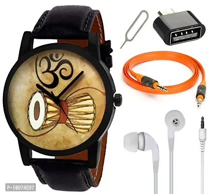 Combo Of Damru Mahadev Edition Analog Watch With Aux Cable , Otg Adapter And Earphone Without Mic