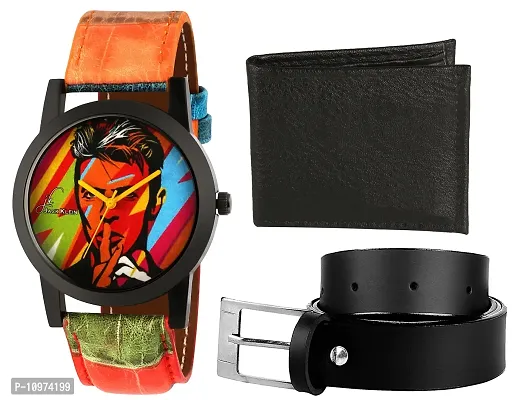 Multicoloured Stylish And Funky Analog Wrist Watch With Black Wallet And Belt