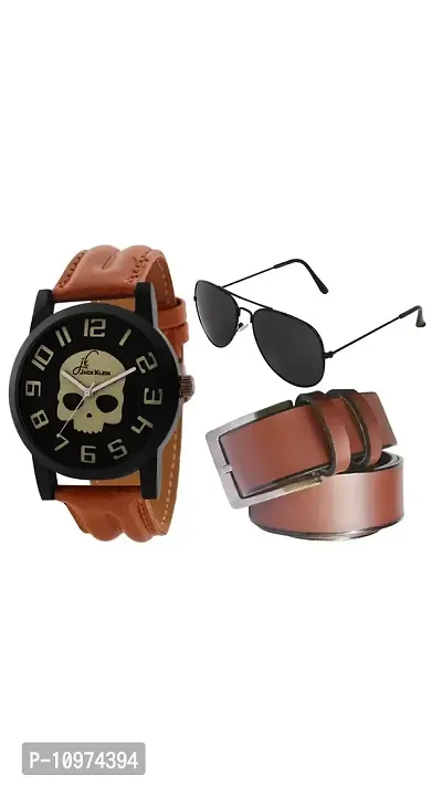 Skeleton Edition Strap Wrist Watch With Belt And Aviator Glasses