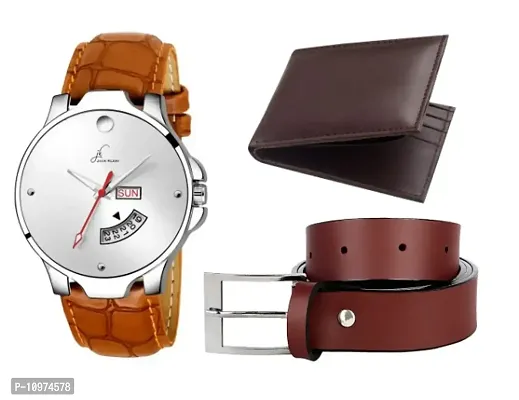 Combo Of Formal And Elegant Brown Day And Date Working Watch Get Free Belt With Wallet