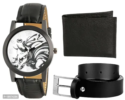 Black N White Designer Wrist Watch With Black Wallet And Belt-thumb0