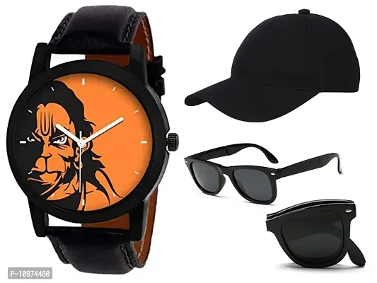 Orange Dial Black Strap Boys Analog Watch With Black Cap And Foldable Sunglass