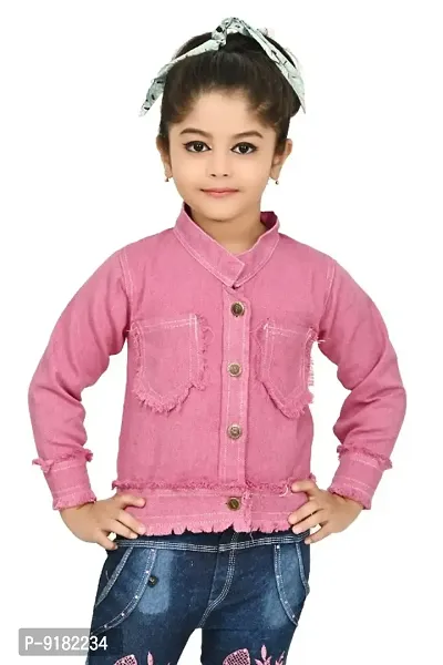 Girls Party Wear Denim Jacket(Pink)-thumb0