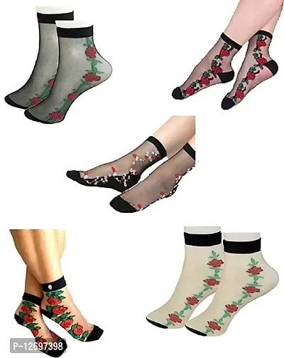 Ankle Length Thumb Socks with Floral Print Multicolor  Multi Design for Women  Girls (Pack of 5)-thumb0