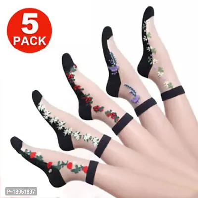 Ankle Length Thumb Socks with Floral Print Multicolor  Multi Design for Women  Girls (Pack of 5)-thumb0