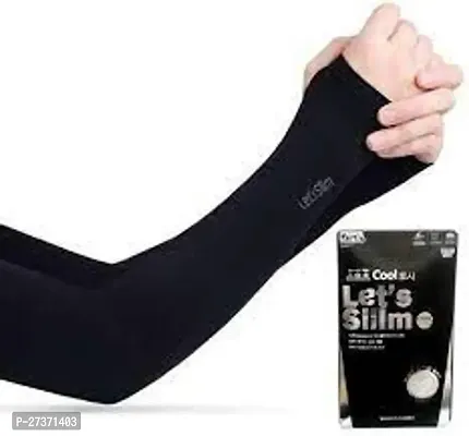 Lets Slim Arm Sleeves With UV Sun Protection Gloves With Thumb Hole For Biking (Unisex, Black, Free Size)