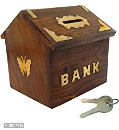 Stylish Fancy Wooden Hut Shaped Handmade Coin Money Piggy Bank Box With Lock For Kids  Children Gifts