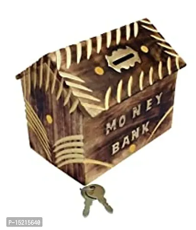 Stylish Fancy Wooden Hut Shaped Handmade Coin Money Piggy Bank Box With Lock For Kids  Children Gifts