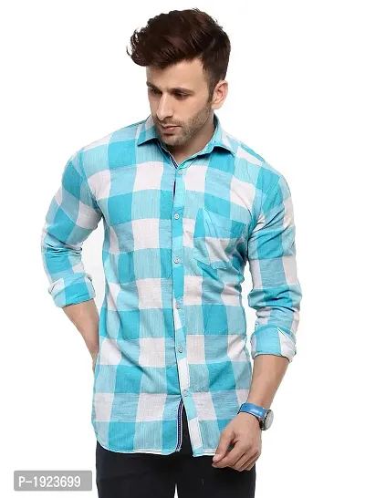 Hangup Turquoise Cotton Blend Checked Slim Fit Casual Shirt-thumb0