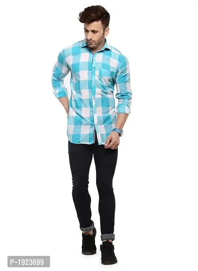 Hangup Turquoise Cotton Blend Checked Slim Fit Casual Shirt-thumb2