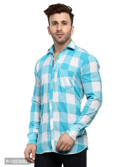 Hangup Turquoise Cotton Blend Checked Slim Fit Casual Shirt-thumb3