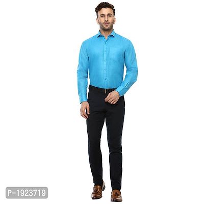 Blue Cotton Blend Solid Regular Fit Formal Shirt-thumb4
