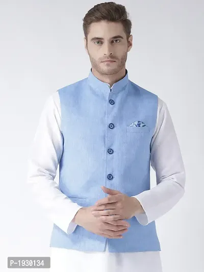 Blue Blended Solid Nehru Jackets-thumb0